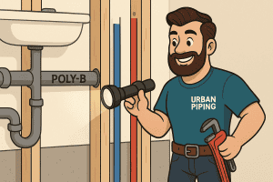 Cartoon of an Urban Piping technician examining Poly-B plumbing with a flashlight and pipe wrench near exposed pipes in a residential wall, illustrating Poly B replacement with PEX in western Canada homes