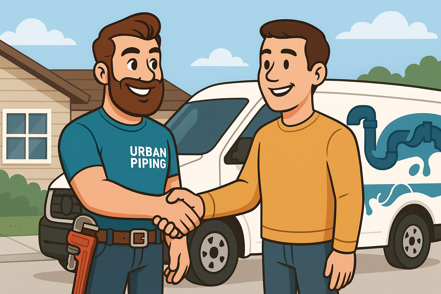Urban Piping technician shaking hands with a homeowner outside a house with a plumbing van in the background, representing replacing Poly B with PEX services in Calgary, Edmonton, and Vancouver