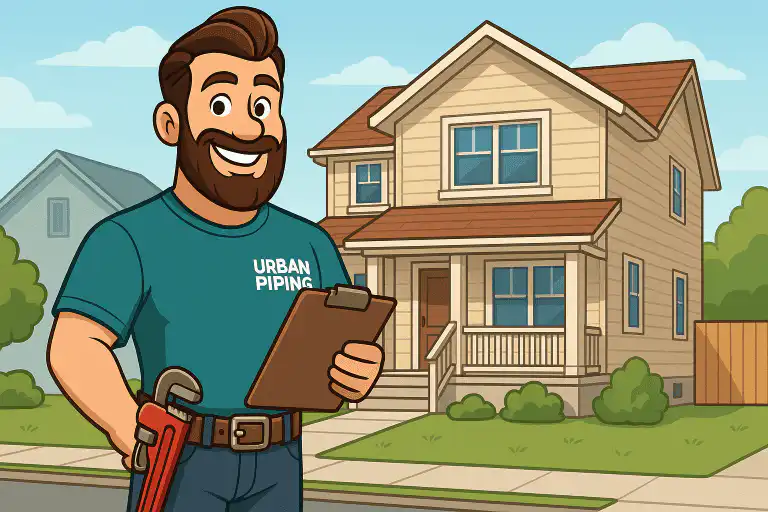 Poly B Pipe Corrosion Explained: What Calgary Homeowners Must Know 4 Cartoon plumber from Urban Piping holding clipboard and wrench standing in front of a modern two-story house, representing poly b corrosion inspection services in Calgary, Edmonton, and Vancouver