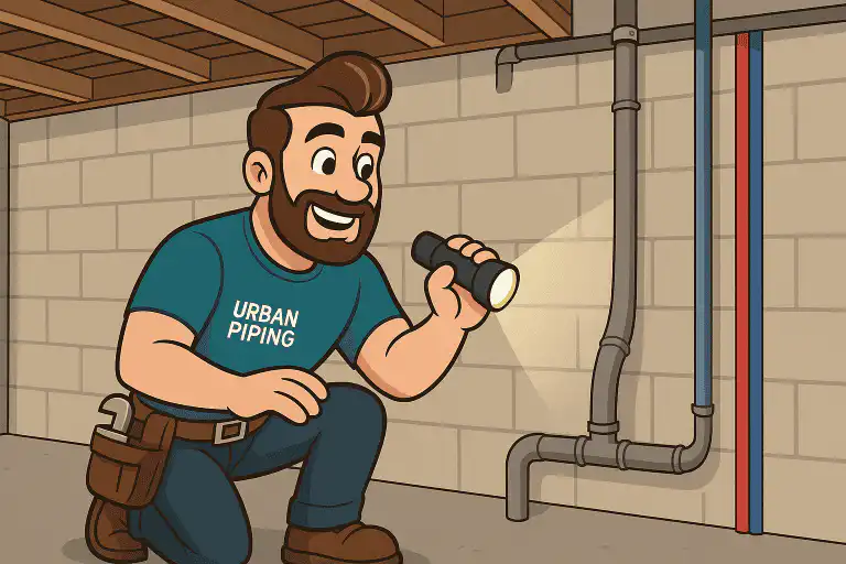 Poly B Pipe Corrosion Explained: What Calgary Homeowners Must Know 1 Cartoon plumber from Urban Piping inspecting basement poly b pipes for corrosion using a flashlight in a home setting