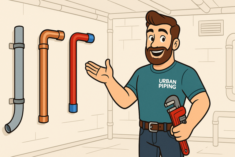 Illustration of a plumber from Urban Piping comparing different types of pipes, including poly b, copper, and pex, on a basement wall, emphasizing corrosion concerns in Calgary, Edmonton, and Vancouver