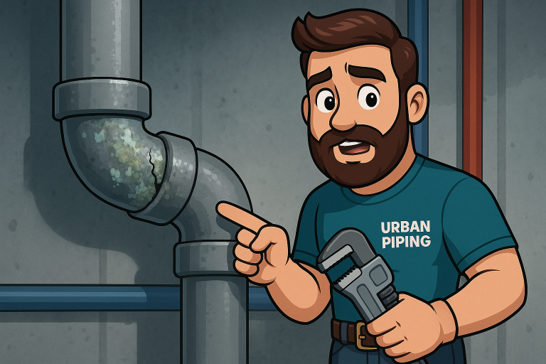Cartoon plumber in Urban Piping shirt pointing to corroded and cracked Poly B pipe joint while holding a wrench, highlighting pipe damage in a basement setting