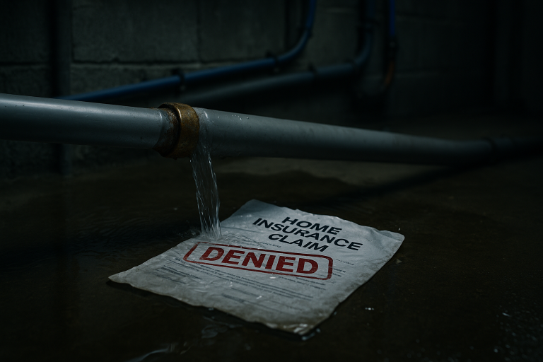 Leaking corroded Poly B pipe above a denied home insurance claim form on a wet basement floor in Calgary Edmonton or Vancouver area