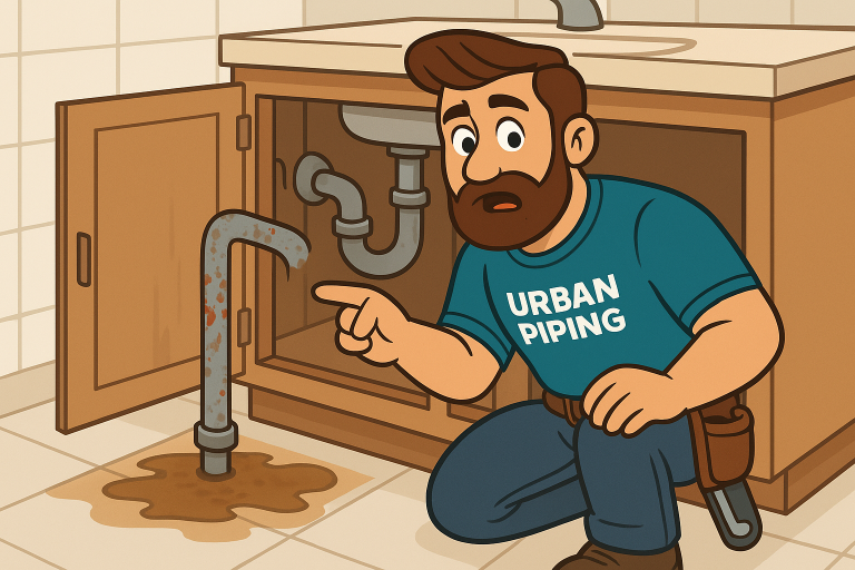 Cartoon plumber from Urban Piping examining corroded poly b pipe leaking under a bathroom sink cabinet
