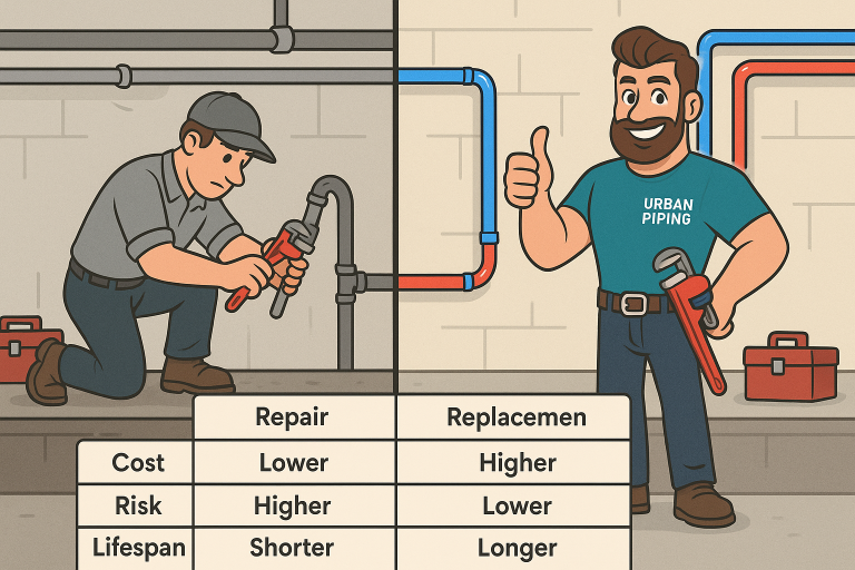 Cartoon comparison of a plumber repairing old pipes on one side and a smiling Urban Piping professional with new piping on the other, with a table listing cost, risk, and lifespan differences between repair and replacement for Poly B corrosion in Calgary, Edmonton, and Vancouver.