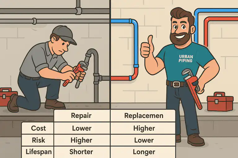 Poly B Pipe Corrosion Explained: What Calgary Homeowners Must Know 2 Cartoon comparison of a plumber repairing old pipes on one side and a smiling Urban Piping professional with new piping on the other, with a table listing cost, risk, and lifespan differences between repair and replacement for Poly B corrosion in Calgary, Edmonton, and Vancouver.