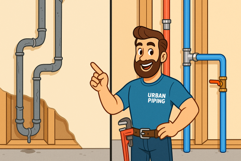 Poly B Damage Prevention Strategies for Calgary Homeowners 5 Cartoon plumber from Urban Piping standing next to damaged poly b pipes and new upgraded pipes, demonstrating poly b damage prevention techniques in a residential wall setting.