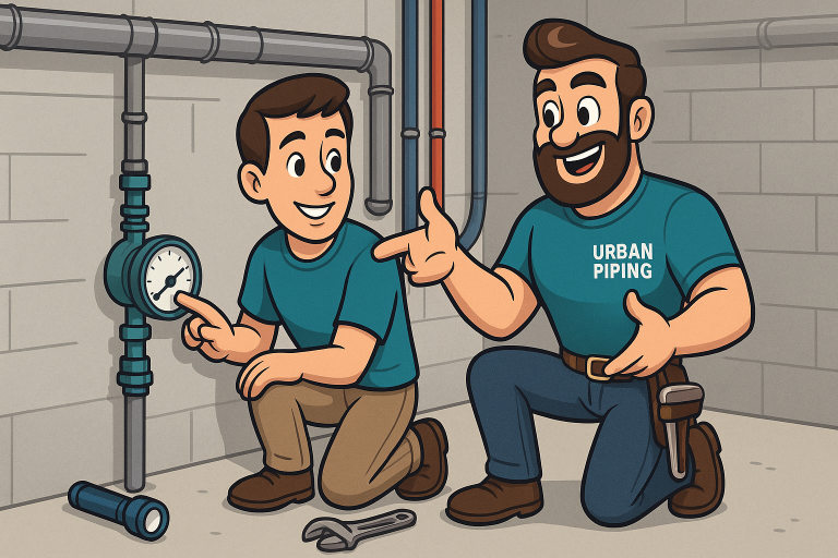 Poly B Damage Prevention Strategies for Calgary Homeowners 2 Cartoon of two plumbers in Urban Piping uniforms inspecting a basement water pressure gauge with tools on the floor, illustrating Poly B damage prevention in Western Canadian homes.
