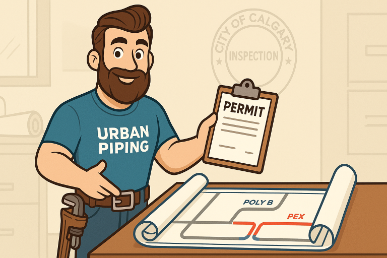 Poly B Damage Prevention Strategies for Calgary Homeowners 3 Cartoon plumber from Urban Piping holding a permit and pointing to a blueprint with Poly B and PEX pipe sections, set in a Calgary inspection office