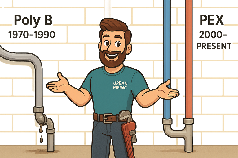 Poly B Damage Prevention Strategies for Calgary Homeowners 4 Cartoon plumber from Urban Piping standing between an old leaking Poly B pipe labeled 1970-1990 and new PEX pipes labeled 2000-present against a brick wall background