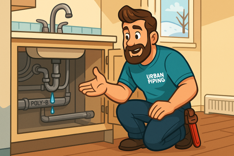 Cartoon plumber in Urban Piping shirt inspecting leaking Poly B pipe under a kitchen sink with snow visible outside the window, illustrating Poly B history issues in Calgary, Edmonton, and Vancouver homes.