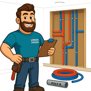 Cartoon plumber from Urban Piping inspecting Poly B and modern piping in a home wall in Calgary, with red and blue pipes and a labeled Poly B pipe visible.