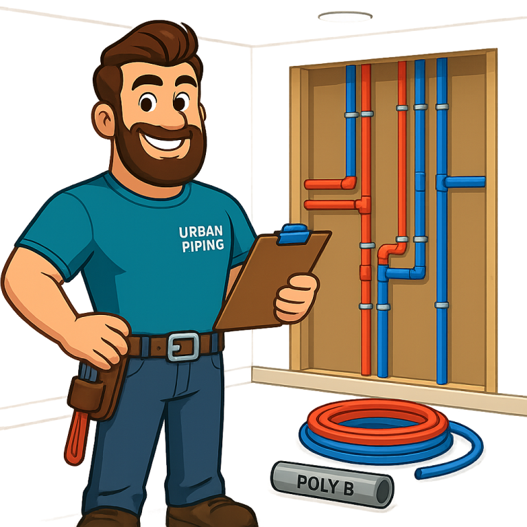 Cartoon plumber from Urban Piping inspecting Poly B and modern piping in a home wall in Calgary, with red and blue pipes and a labeled Poly B pipe visible.