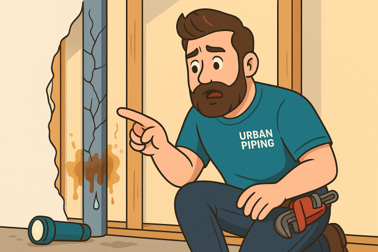 Poly B Damage Prevention Strategies for Calgary Homeowners 1 Technician from Urban Piping inspecting cracked poly b plumbing pipe leaking behind drywall, highlighting signs of water damage and corrosion for Poly B Damage Prevention
