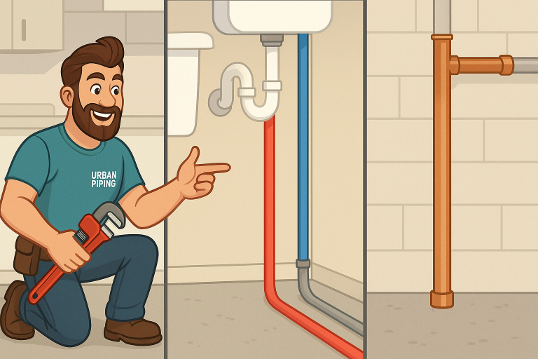 Cartoon plumber wearing Urban Piping shirt kneeling with a wrench, pointing to Poly B and copper piping under a sink, illustrating differences in plumbing materials within a home setting.