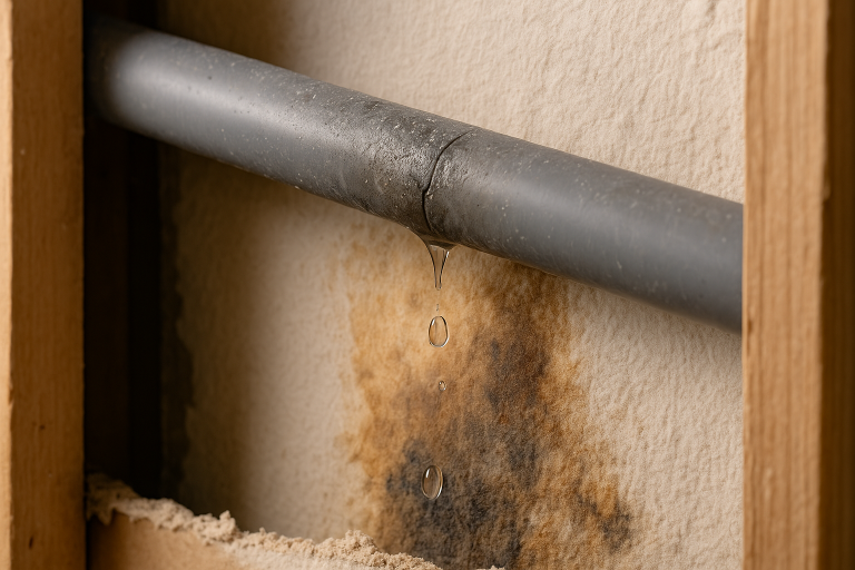 Complete Guide to Professional Poly B Removal Services 1 Leaking Poly B pipe inside a wall with water damage and mold stains, highlighting need for Poly B removal services in Calgary, Edmonton, and Vancouver