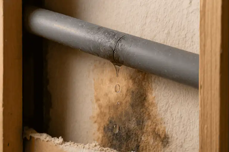 Leaking Poly B pipe inside a wall with water damage and mold stains, highlighting need for Poly B removal services in Calgary, Edmonton, and Vancouver