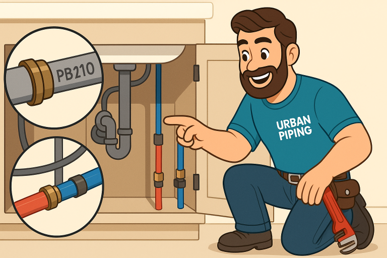 Complete Guide to Professional Poly B Removal Services 2 Smiling plumber from Urban Piping kneeling beside open sink cabinet and pointing at poly b pipes and fittings marked PB210, showing pipe replacement process