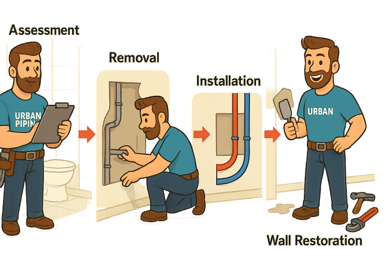 Complete Guide to Professional Poly B Removal Services 3 Illustration showing steps for Poly B removal services by Urban Piping, including assessment, pipe removal, installation of new plumbing, and wall restoration, suitable for homes in Calgary, Edmonton, and Vancouver.