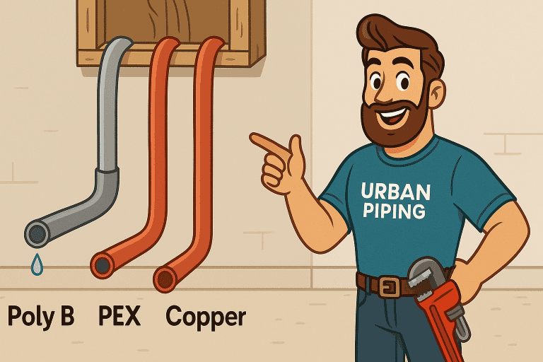 Illustration of a plumber from Urban Piping pointing at three pipes labeled Poly B, PEX, and Copper with a water drop coming from the Poly B pipe, highlighting risks and replacement options in Calgary, Edmonton, and Vancouver homes