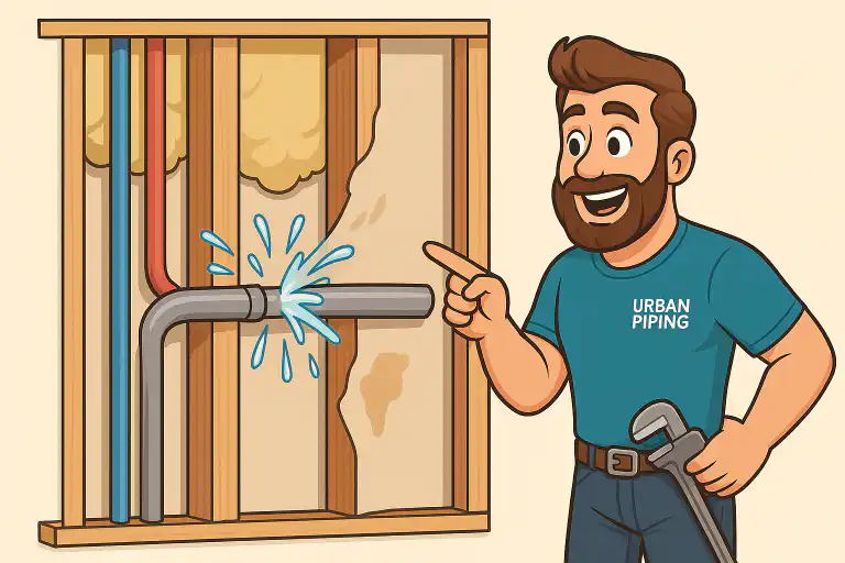 Poly B Risks Every Calgary Homeowner Should Understand 1 Cartoon plumber in Urban Piping shirt pointing at a leaking Poly B pipe inside a wall, with water spraying out and exposed insulation, highlighting plumbing risks in Calgary, Edmonton, and Vancouver homes.