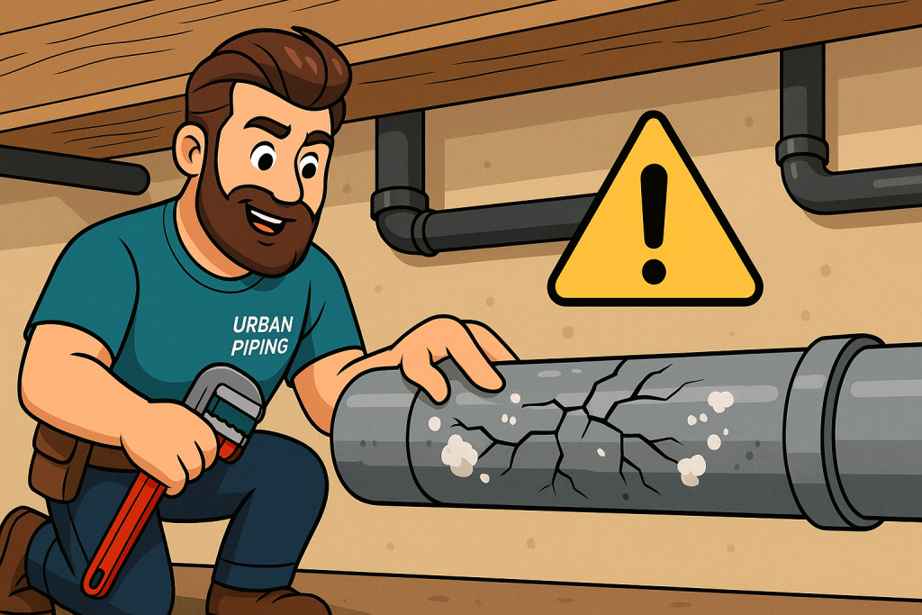 Illustration of an Urban Piping technician inspecting a cracked Poly B pipe with a wrench, highlighting pipe damage and warning sign in a basement setting