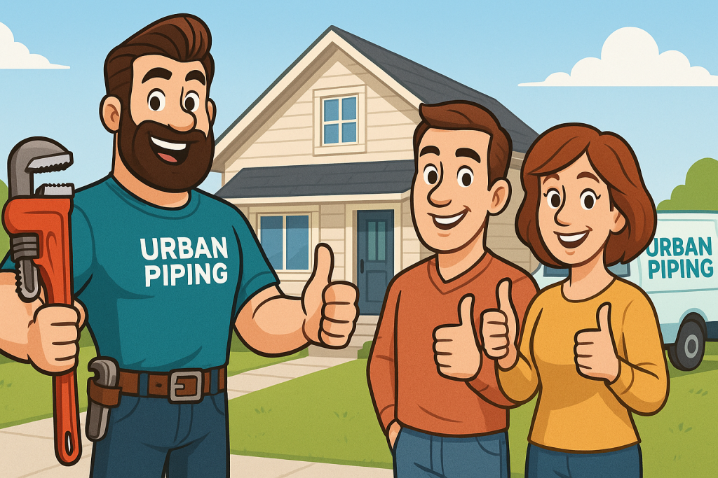 Cartoon plumber from Urban Piping holding wrench giving thumbs up with smiling homeowners outside their house and Urban Piping van in background
