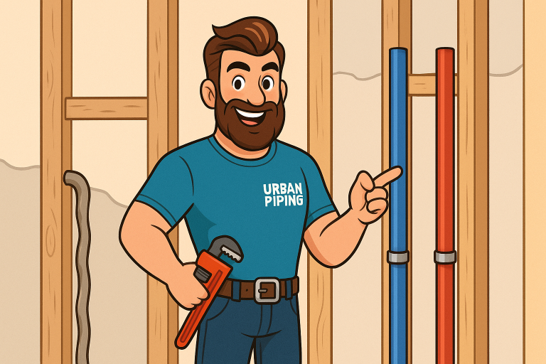Cartoon plumber from Urban Piping holding a wrench and pointing to blue and red Poly B pipes in a wall frame, representing expert Poly B solutions