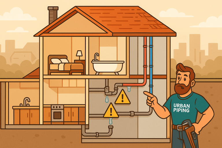 Illustration of a plumber from Urban Piping pointing at leaking Poly B pipes inside a house cross-section, highlighting warning signs for plumbing issues in kitchen and bathroom areas.