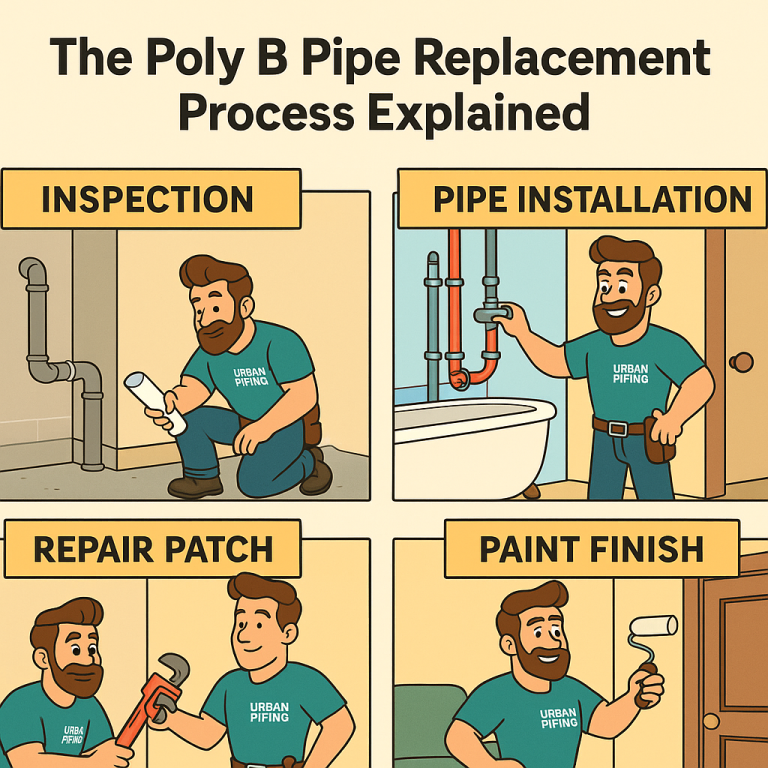 Step by step illustration of the Poly B pipe replacement process by Urban Piping, showing inspection, pipe installation, repair patch, and paint finish with technician in uniform