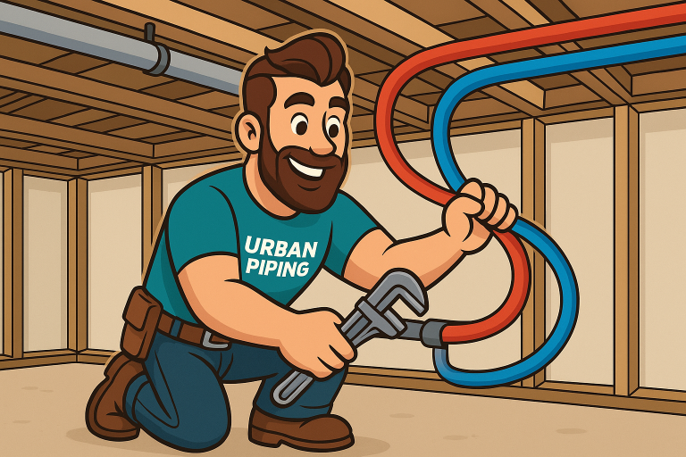 Cartoon plumber from Urban Piping kneeling in a basement under exposed wood ceiling, using a wrench to inspect red and blue poly b pipes for corrosion