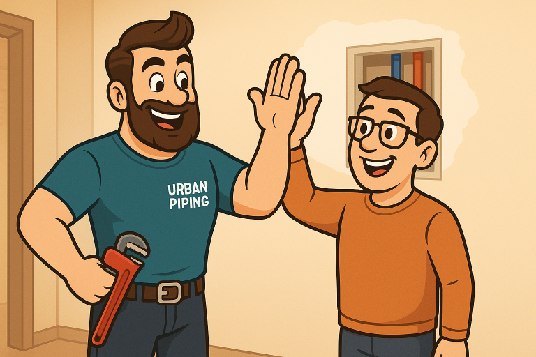 Cartoon plumber in Urban Piping shirt giving a high five to a smiling customer in a home setting, representing poly b history expertise in Calgary, Edmonton, and Vancouver