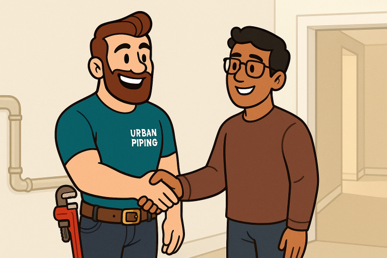 Complete Guide to Professional Poly B Removal Services 5 Cartoon plumber in Urban Piping shirt shaking hands with a satisfied homeowner in an indoor setting, symbolizing trusted Poly B Removal Services in Calgary, Edmonton, and Vancouver.