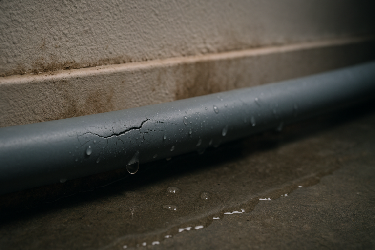 Close-up of a cracked Poly B pipe with droplets of water leaking onto a concrete floor, highlighting potential plumbing issues related to lifespan