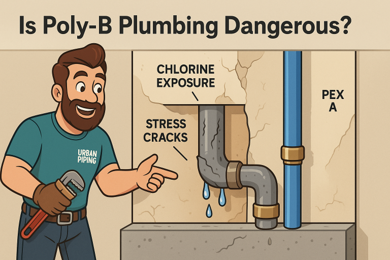 Cartoon plumber explaining Poly-B pipe dangers with stress cracks and chlorine exposure beside alternative PEX-A pipe, highlighting plumbing issues