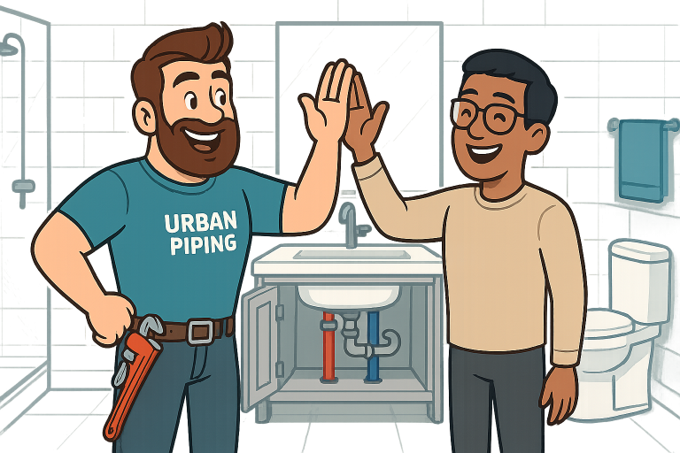 Cartoon plumber wearing Urban Piping shirt giving a high five to a happy homeowner in a modern bathroom with exposed pipes under the sink