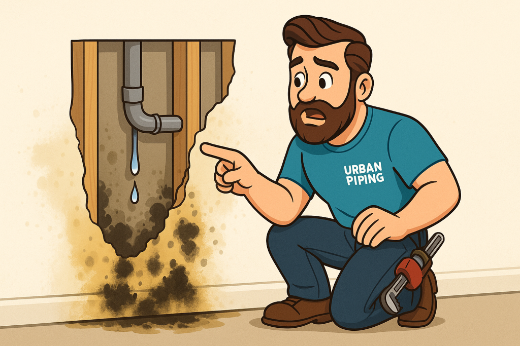 Illustration of an Urban Piping technician inspecting a leaking poly b pipe inside a damaged wall, with water dripping and mold issues visible, representing poly b cost concerns in Calgary, Edmonton, and Vancouver