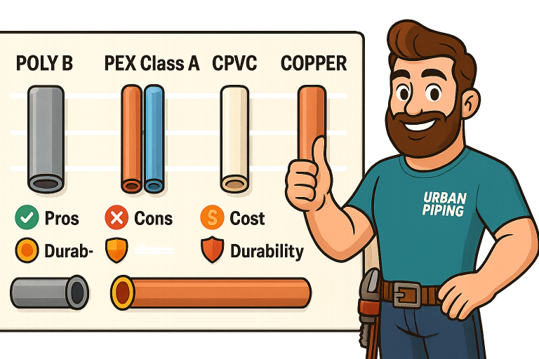 Illustration of a plumber standing next to a pipe comparison chart for Poly B, PEX Class A, CPVC, and Copper, highlighting pros, cons, cost, and durability with Urban Piping branding
