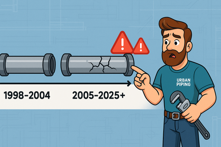Cartoon plumber from Urban Piping points to cracked Poly B pipe section marked 2005-2025 with warning symbols, illustrating Poly B lifespan concerns in Calgary Edmonton Vancouver