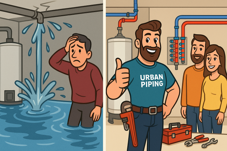 Illustration showing a worried homeowner dealing with flooding from a burst Poly B pipe and a happy family with an Urban Piping plumber after successful pipe replacement in a modern basement in Calgary, Edmonton, or Vancouver.