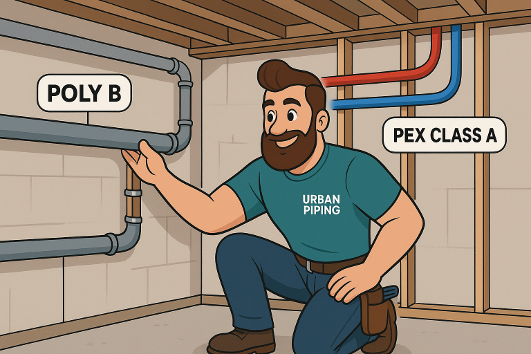 Understanding Poly B Pipe Materials: Composition, Risks & Calgary Impact 3 Urban Piping technician kneeling beside exposed Poly B and PEX Class A pipes inside a basement, demonstrating material differences used in Calgary, Edmonton, and Vancouver homes