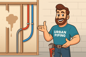 Cartoon plumber with Urban Piping shirt pointing to exposed wall piping showing a leak near Poly B pipes in a home setting