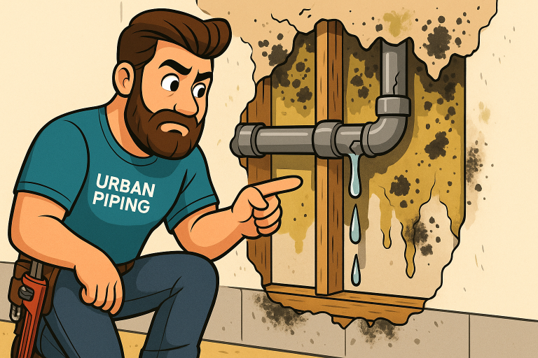 Understanding Poly B Pipe Materials: Composition, Risks & Calgary Impact 1 Technician from Urban Piping inspecting a leaking Poly B pipe inside a wall with visible water damage and mold in a residential setting