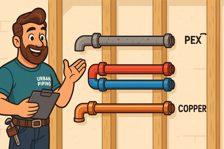 Illustration of a plumber from Urban Piping showing gray Poly B, colored PEX, and copper pipes side by side within wall framing for a Poly B FAQ article