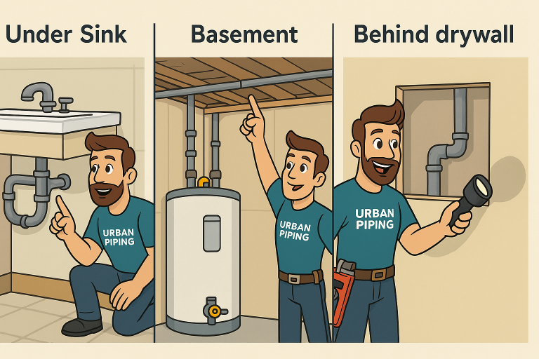 Cartoon plumber from Urban Piping demonstrates Poly B pipe inspection under a sink, in a basement, and behind drywall using professional tools.