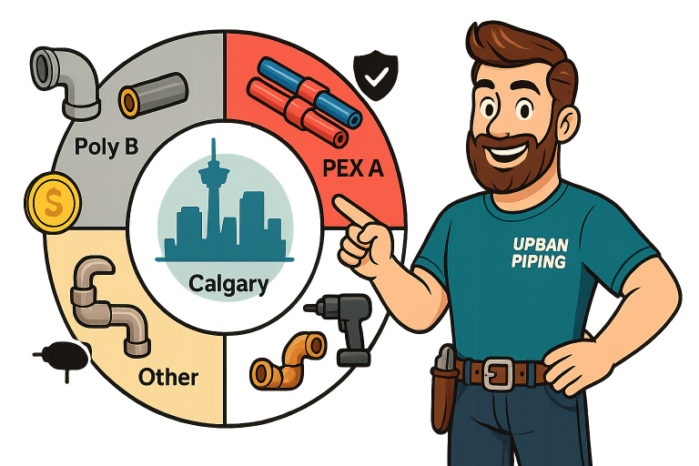 Illustration showing Poly B, PEX A, and other plumbing alternatives in Calgary with a smiling technician from Urban Piping pointing at a circular chart highlighting safe pipe material choices