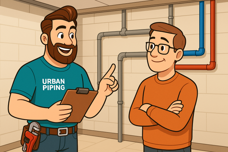 Plumber from Urban Piping discussing plumbing alternatives with a homeowner in a basement with visible water pipes