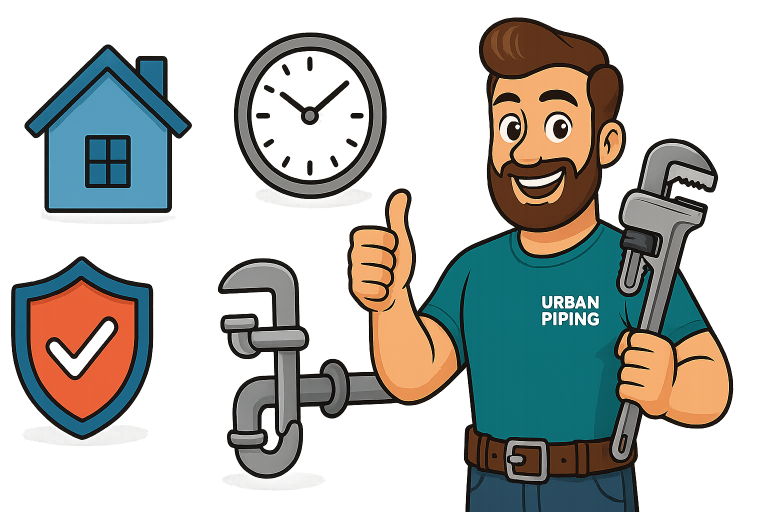 Cartoon plumber holding a wrench giving a thumbs up, wearing Urban Piping shirt, with icons representing home, clock, shield for safety, and plumbing, illustrating Poly B plumbing alternatives in Calgary, Edmonton, and Vancouver areas