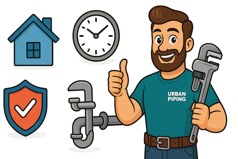 Cartoon plumber holding a wrench giving a thumbs up, wearing Urban Piping shirt, with icons representing home, clock, shield for safety, and plumbing, illustrating Poly B plumbing alternatives in Calgary, Edmonton, and Vancouver areas
