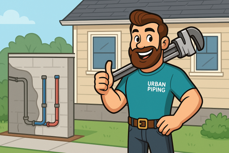 Cartoon plumber from Urban Piping smiling with thumbs up and pipe wrench, standing beside house with visible plumbing pipes showing modern replacements for Poly B piping